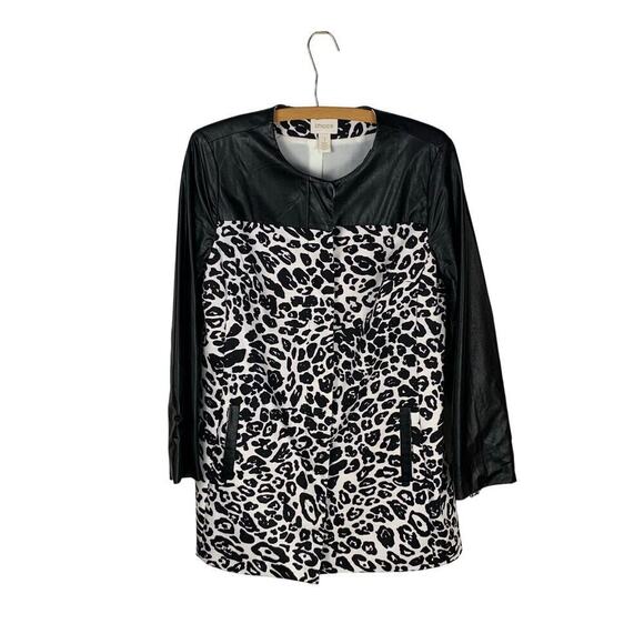 Chico's Black Faux Leather & Leopard Print Long A-line Jacket  - Size 1 (M / 8) - Picture 1 of 9